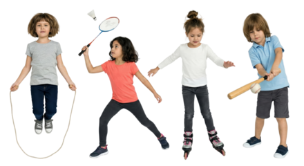 Dynamic assortment of children engaging in various fun activities on transparent background