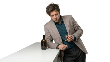 Contemplative man with a drink in hand and a bottle on the counter on an isolated transparent