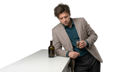 Contemplative man with a drink in hand and a bottle on the counter on an isolated transparent