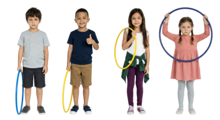 Group of cheerful children with different colored hula hoops against clean background