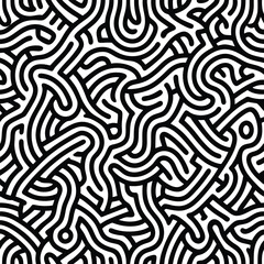 Black and white abstract maze-like organic line pattern seamless background