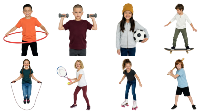 Diverse children showcasing various sports and physical activities on a transparent background