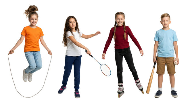 Diverse group of children engage in joyful sports activities against a plain backdrop