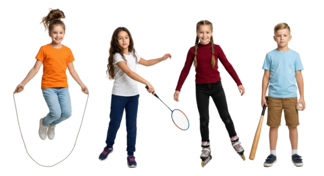 Diverse group of children engage in joyful sports activities against a plain backdrop