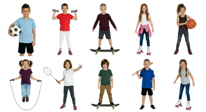 Collection of Active Children Engaged in Sports Isolated on a Transparent Background