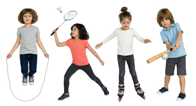Dynamic assortment of children engaging in various fun activities on transparent background