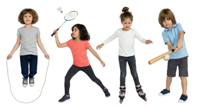 Dynamic assortment of children engaging in various fun activities on transparent background - Powered by Adobe