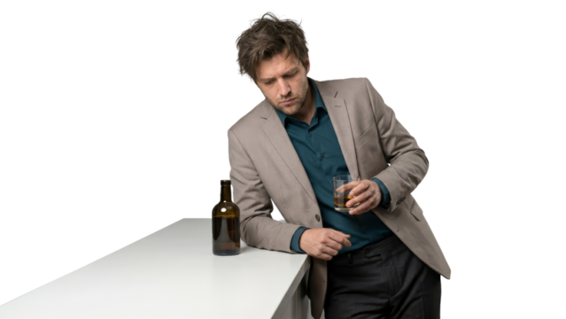 Contemplative man with a drink in hand and a bottle on the counter on an isolated transparent