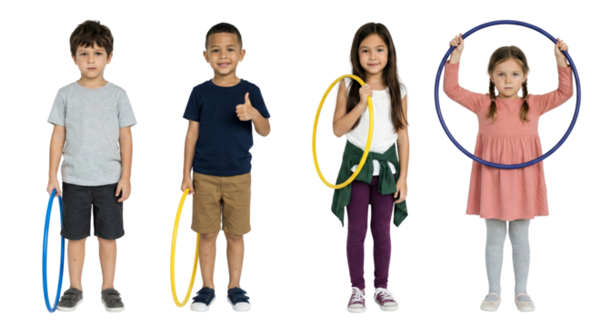 Group of cheerful children with different colored hula hoops against clean background