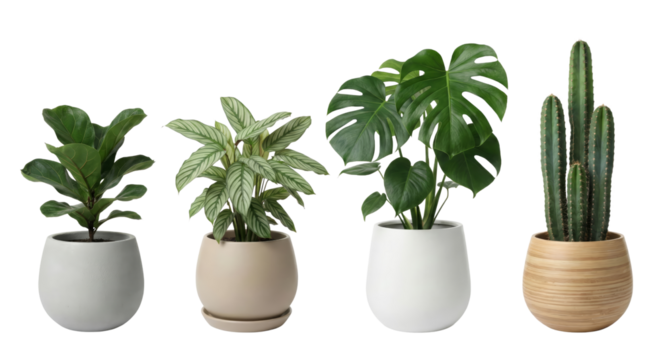 Assortment of potted plants showcased in minimalist containers against a seamless backdrop