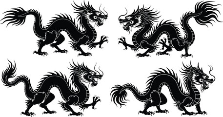 Traditional Martial Arts and Combat Sport Silhouettes Vector Set, Illustrating Fighters Practicing Kicks, Blocks, and Self-Defense Techniques, Emphasizing Discipline, Training, Dojo Practice,