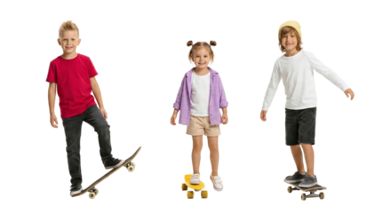 Enthusiastic young skateboarders displaying joyful expressions against a transparent layout