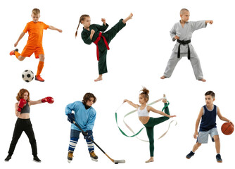 Diverse children engaging in various sports activities against a transparent backdrop, showcasing