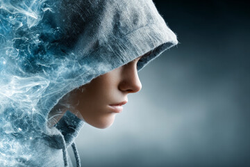 Fototapeta premium Young woman in hoodie with ethereal smoke effect, showcasing a mysterious and artistic vibe