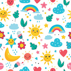 Cheerful cartoon sun clouds rainbow hearts and flowers seamless pattern vector illustration