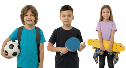 Diverse group of smiling children joyfully embracing sport and recreation with isolated