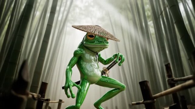 Animated samurai frog warrior with a straw hat walking through a mystical bamboo forest with