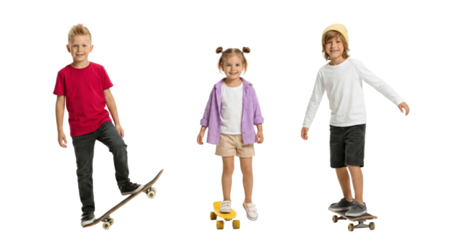 Enthusiastic young skateboarders displaying joyful expressions against a transparent layout