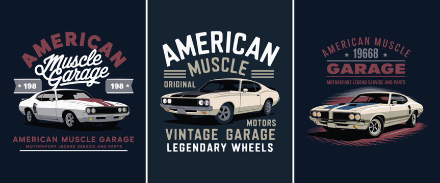 Vintage American muscle car illustration set with classic garage typography and retro automotive emblem artwork