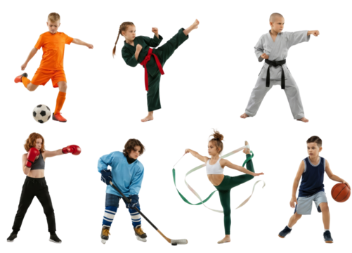 Diverse children engaging in various sports activities against a transparent backdrop, showcasing