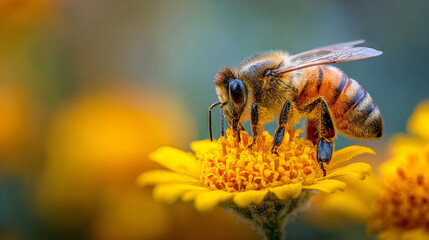 Macro shot of honeybee collecting pollen on bright yellow flower