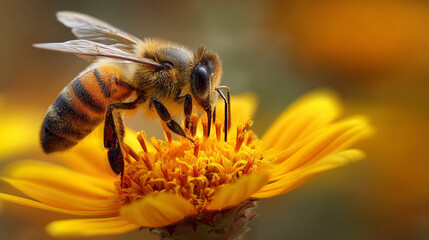 Macro shot of honeybee collecting pollen on bright yellow flower