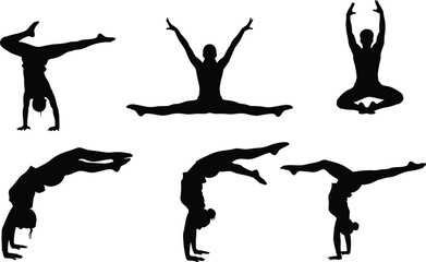 Active Children Silhouettes Vector Set, Illustrating Boys and Girls Jumping, Pointing, Holding Flowers, and Exercising with Dumbbells, Emphasizing Childhood, Play, Fitness, and Daily Activities.