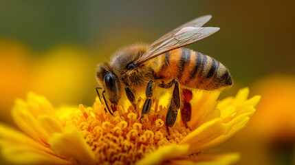 Macro shot of honeybee collecting pollen on bright yellow flower
