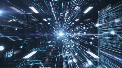 Abstract digital data tunnel with glowing blue circuit board lines, futuristic technology corridor with holographic interface and light flare - Powered by Adobe
