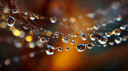 Macro shot of water droplets on spider web, morning dew