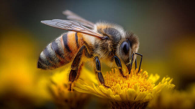 Macro shot of honeybee collecting pollen on bright yellow flower