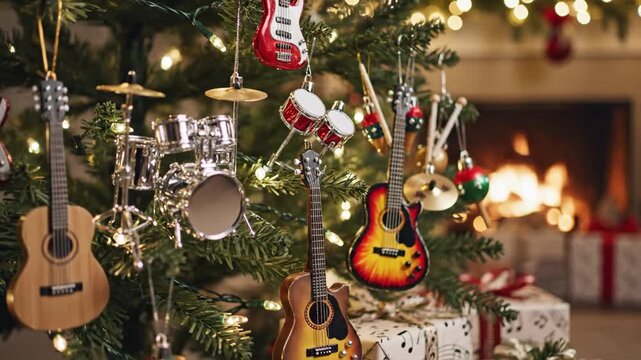 Festive Christmas Tree with Music Ornaments - A decorated Christmas tree is adorned with guitar and drum ornaments.