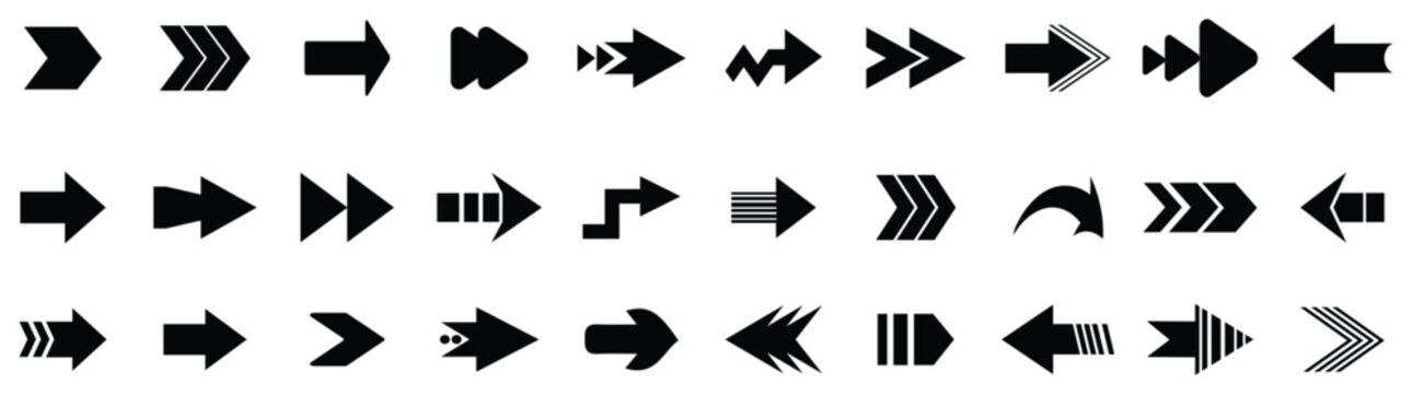 Arrow icons set. Arrow collection. Black vector arrows icons. Modern simple arrows. Vector illustration. Set different cursor arrow direction symbols in flat style.