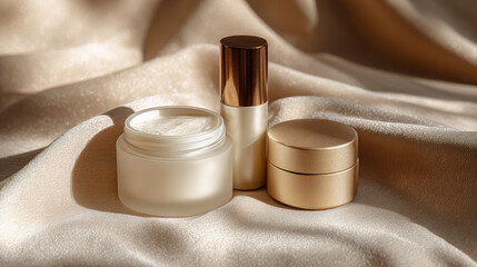 Minimal skincare products on soft fabric background, luxury cosmetic style