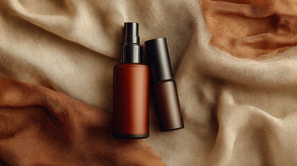 Minimal skincare products on soft fabric background, luxury cosmetic style
