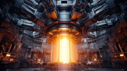 Futuristic energy reactor showcasing glowing plasma in a high-tech environment with intricate machinery and structures all around