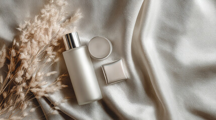 Minimal skincare products on soft fabric background, luxury cosmetic style