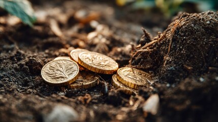 Gold coins hidden in the soil reveal chances for treasure and discovery in the earth's embrace during springtime exploration