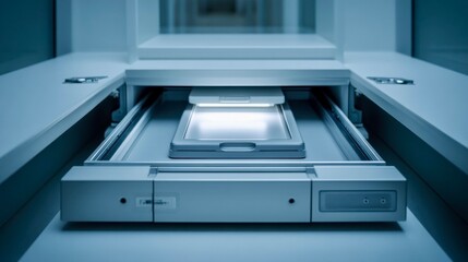 High-tech scanner with illuminated interface showcasing modern technology in a sleek, minimalist workspace