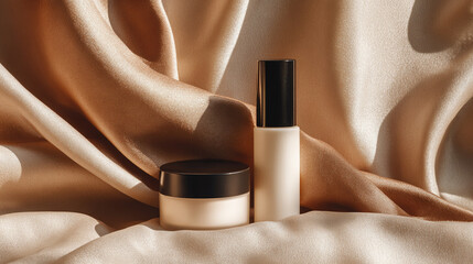 Minimal skincare products on soft fabric background, luxury cosmetic style