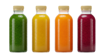 Four sleek plastic bottles of cold-pressed, vibrant green, orange, and magenta juices showing fine condensation, aligned on a reflective white studio surface. Concept for premium product advertisement