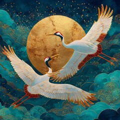Naklejka premium Majestic redcrowned cranes soar across a golden full moon and swirling teal clouds