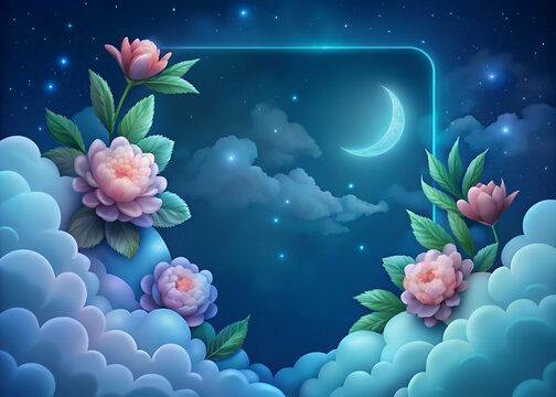 Dreamy night sky with flowers and crescent moon