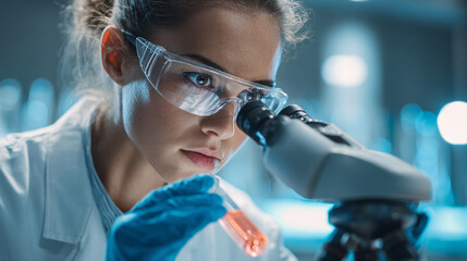 Portrait of scientist analyzing sample under microscope, research environment