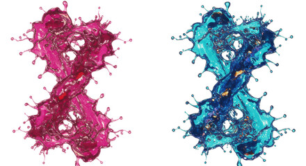 Macro shot of four hyperrealistic 3d splashes of glossy magenta, cyan, ultramarine, red, and gold-orange liquid ribbons and micro-droplets against a transparent void. Concept of complex fluid dynamics