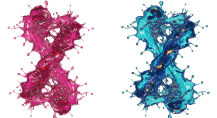 Macro shot of four hyperrealistic 3d splashes of glossy magenta, cyan, ultramarine, red, and gold-orange liquid ribbons and micro-droplets against a transparent void. Concept of complex fluid dynamics