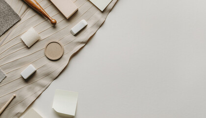 Elegant neutral composition with fabric swatches, eraser, and wooden items for lifestyle flat lay concept