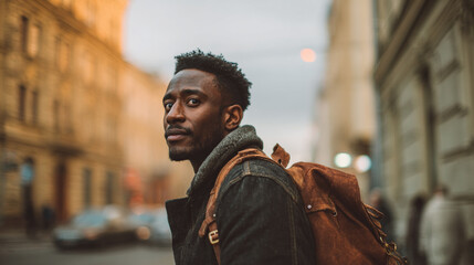 Portrait of young man with backpack exploring city streets, travel vibe