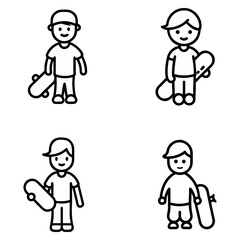 Four simple black and white outline illustrations of male cartoon characters with skateboards