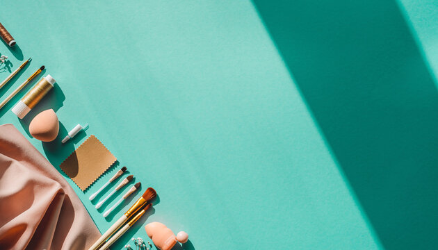 Modern beauty flatlay with makeup brushes, cloth, and sponges for cosmetic product ads and social media posts
